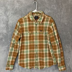 Dark Seas Men L Gold Brown Green Plaid Flannel Shirt Button Down Gorpcore Thick